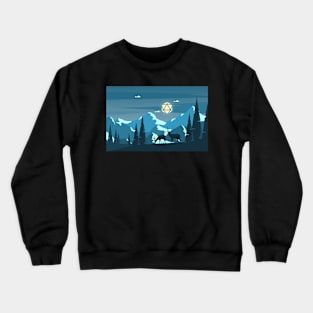 Night Mountain Hike Polyhedral D20 Dice Moon with Deers RPG Landscape Crewneck Sweatshirt